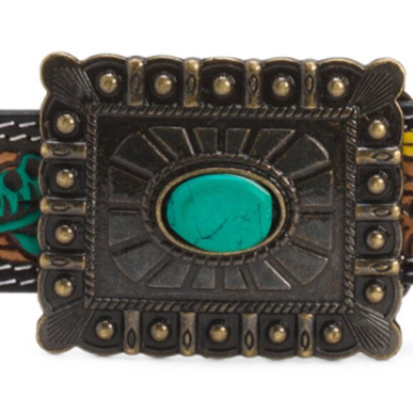 AMERICAN BISON Leather Sunflower Tooled Belt With Contrast Stitch - Picture 2 of 3